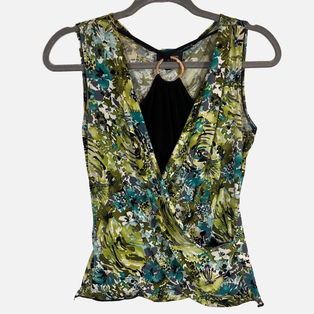 Y2K Vintage A. BYER Floral Sleeveless Blouse with Keyhole Ring Detail - Medium